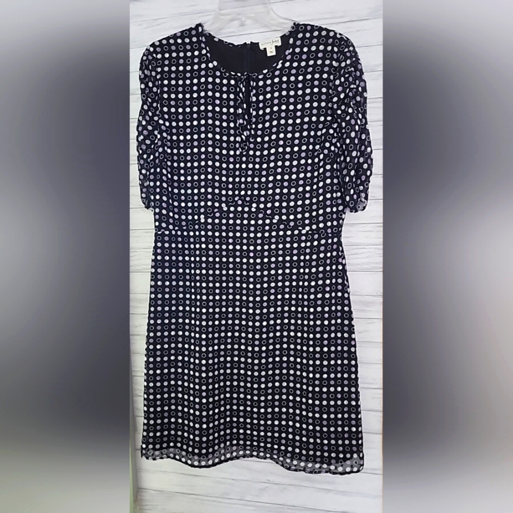 Maison Jules Swiss Polka Dot Ruched Sleeve Dress Black Purple White Size 12